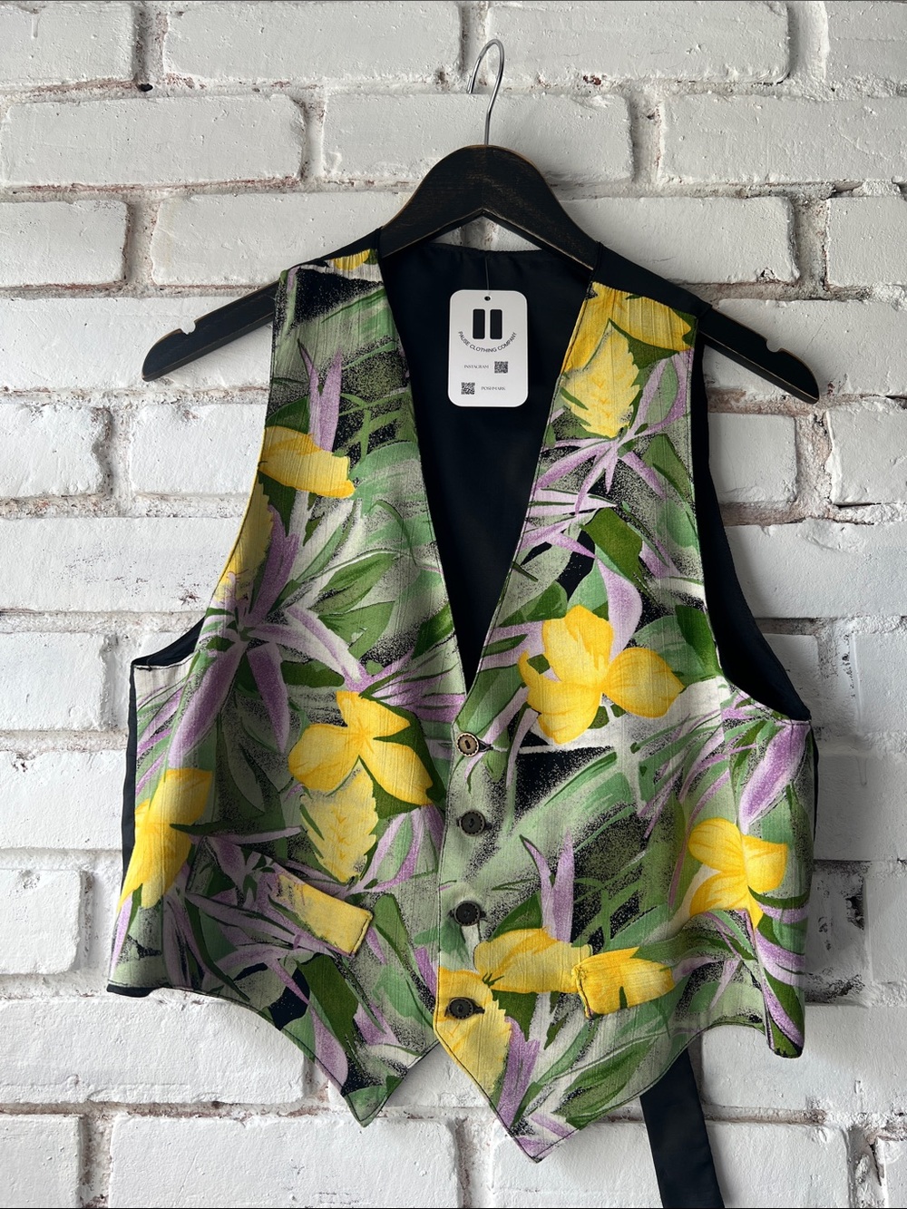 Vintage Floral Satin Button-Front Vest in Yellow, Green & Purple